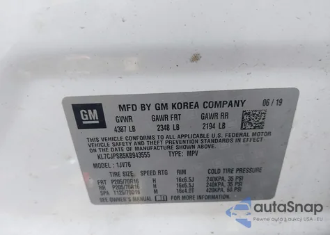 2019 Chevrolet Trax Lt from USA, damaged, VIN KL7CJPSB5KB943555